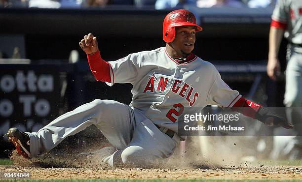 Erick Aybar of the Los Angeles Angels of Anaheim scores a seventh inning run against the New York Yankees on April 14, 2010 at Yankee Stadium in the...