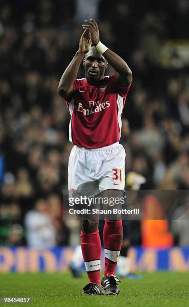 Sol Campbell of Arsenal looks dejected after the Barclays Premier League match between Tottenham Hotspur and Arsenal at White Hart Lane on April 14,...