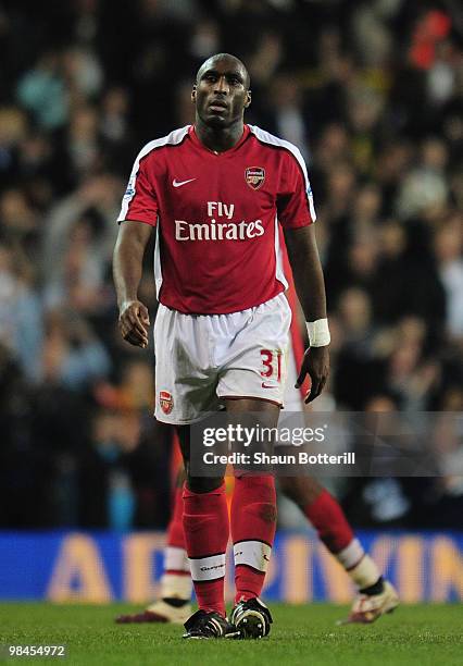 Sol Campbell of Arsenal looks dejected after the Barclays Premier League match between Tottenham Hotspur and Arsenal at White Hart Lane on April 14,...