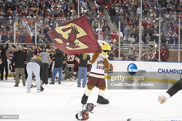 Frozen Four: Boston College Eagles mascot Baldwin victorious during celebration after winning National Championship game vs Wisconsin at Ford Field....