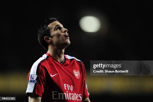 Robin Van Persie of Arsenal looks on during the Barclays Premier League match between Tottenham Hotspur and Arsenal at White Hart Lane on April 14,...