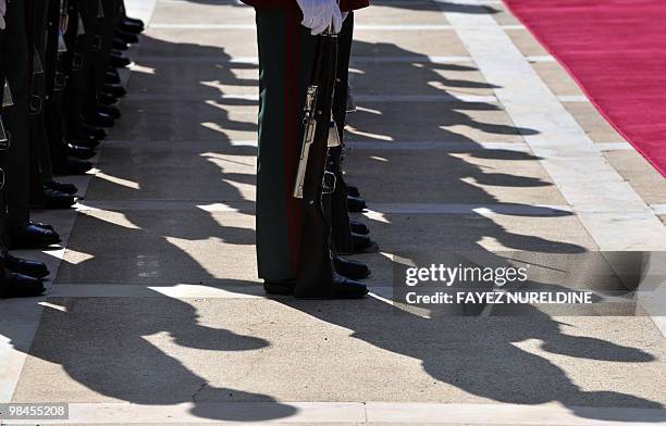 The shadows of Algerian presidential honor guard are reflected on the ground while they are on duty during the meeting of their President Abdelaziz...