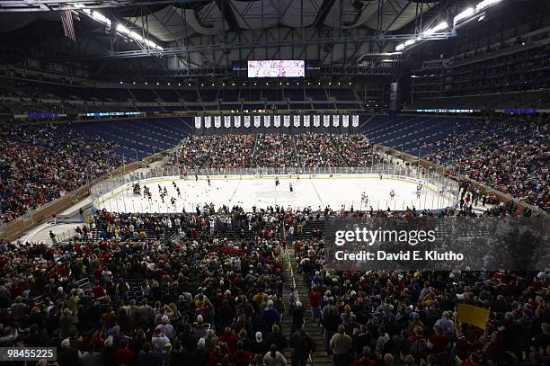 Frozen Four: Overall view of Boston College team victorious during celebration after winning National Championship game vs Wisconsin at Ford Field....