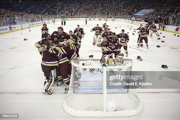 Frozen Four: Boston College team victorious during celebration after winning National Championship game vs Wisconsin at Ford Field. Detroit, MI...