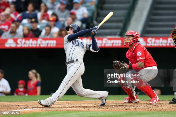 Daniel Robertson of the Tampa Bay Rays bats during the game against the Los Angeles Angels at Angel Stadium on May 19, 2018 in Anaheim, California....