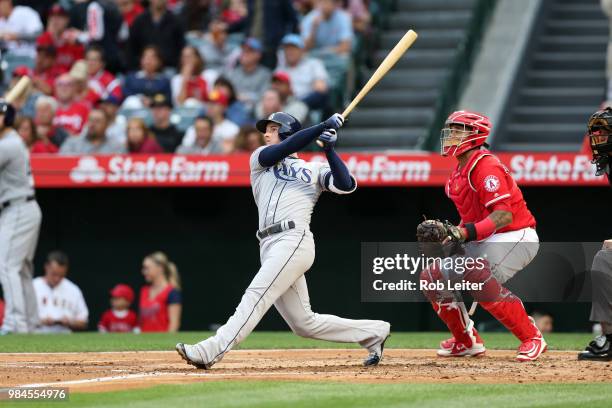 Daniel Robertson of the Tampa Bay Rays bats during the game against the Los Angeles Angels at Angel Stadium on May 19, 2018 in Anaheim, California....