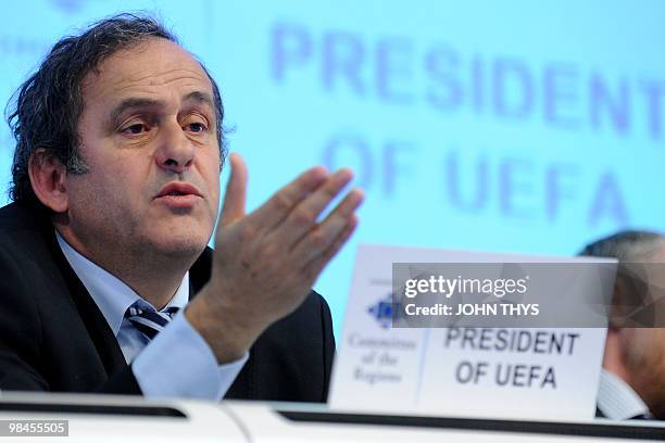 President Michel Platini speaks during a discussion about the role of football in social integration and its impact on the economic development of...