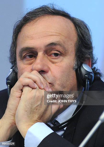 President Michel Platini attends a discussion about the role of football in social integration and its impact on the economic development of cities...