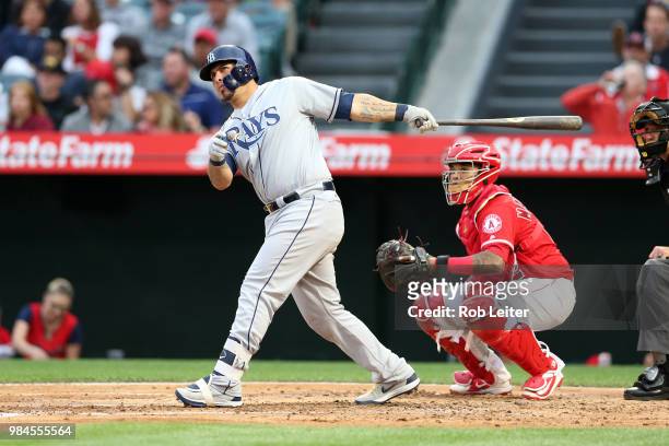 Wilson Ramos of the Tampa Bay Rays bats during the game against the Los Angeles Angels at Angel Stadium on May 19, 2018 in Anaheim, California. The...