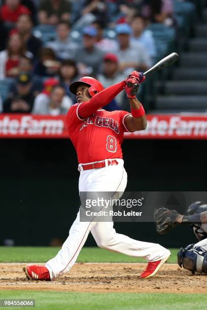 Justin Upton of the Los Angeles Angels bats during the game against the Tampa Bay Rays at Angel Stadium on May 19, 2018 in Anaheim, California. The...