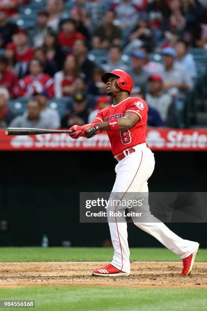 Justin Upton of the Los Angeles Angels bats during the game against the Tampa Bay Rays at Angel Stadium on May 19, 2018 in Anaheim, California. The...