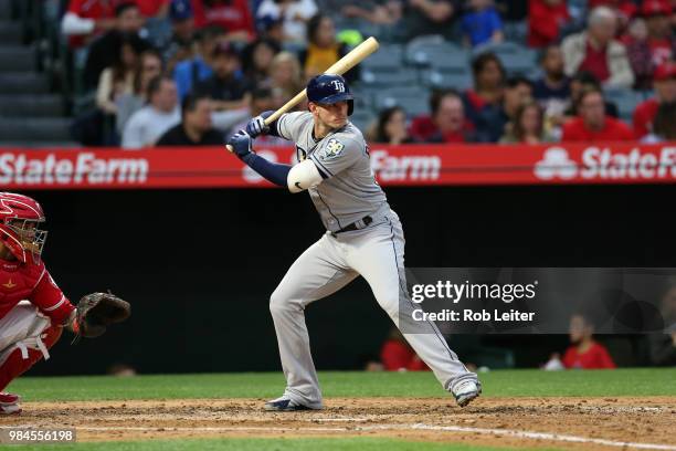 Daniel Robertson of the Tampa Bay Rays bats during the game against the Los Angeles Angels at Angel Stadium on May 19, 2018 in Anaheim, California....