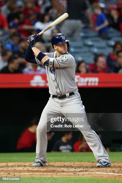 Cron of the Tampa Bay Rays bats during the game against the Los Angeles Angels at Angel Stadium on May 19, 2018 in Anaheim, California. The Rays...