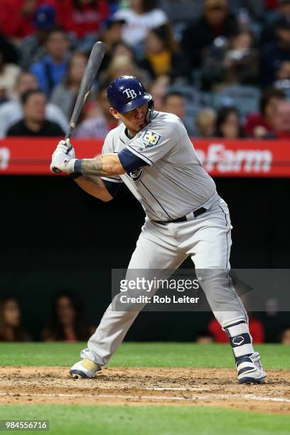 Wilson Ramos of the Tampa Bay Rays bats during the game against the Los Angeles Angels at Angel Stadium on May 19, 2018 in Anaheim, California. The...