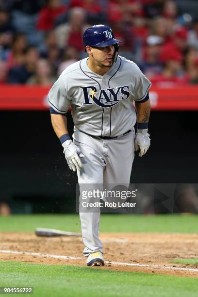 Wilson Ramos of the Tampa Bay Rays runs during the game against the Los Angeles Angels at Angel Stadium on May 19, 2018 in Anaheim, California. The...