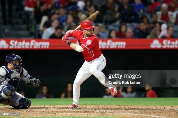 Zack Cozart of the Los Angeles Angels bats during the game against the Tampa Bay Rays at Angel Stadium on May 19, 2018 in Anaheim, California. The...