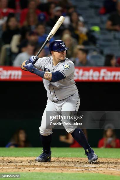 Jesus Sucre of the Tampa Bay Rays bats during the game against the Los Angeles Angels at Angel Stadium on May 19, 2018 in Anaheim, California. The...