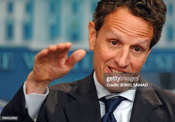 Treasury Secretary Timothy Geithner speaks during a press briefing following his meeting with US President Barack Obama and the bipartisan...