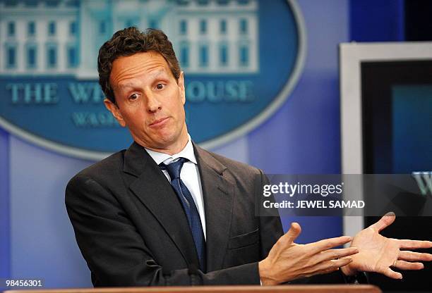 Treasury Secretary Timothy Geithner speaks during a press briefing following his meeting with US President Barack Obama and the bipartisan...