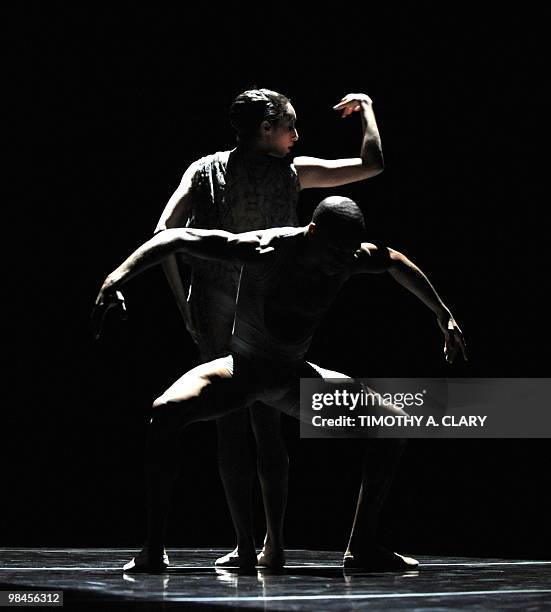 Dancers with Ailey II, the 2nd company of Alvin Ailey Dance Theater, perform a scene from "Echoes" during a dress rehearsal before opening night at...