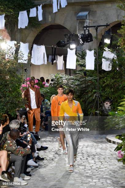 Models walk the runway during the Hermes Menswear Spring/Summer 2019 show as part of Paris Fashion Week on June 23, 2018 in Paris, France.