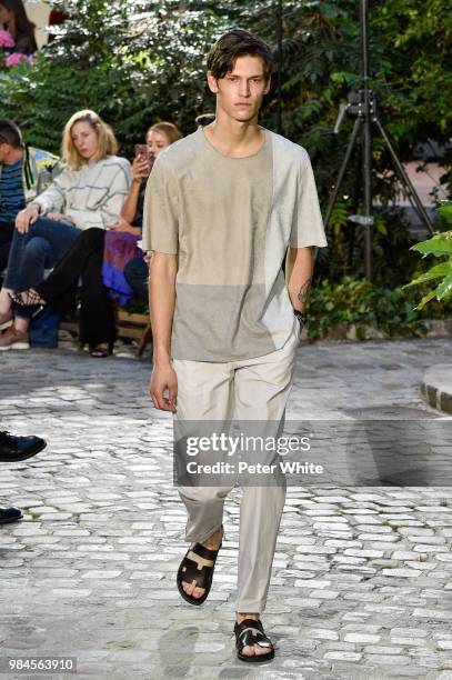 Model walks the runway during the Hermes Menswear Spring/Summer 2019 show as part of Paris Fashion Week on June 23, 2018 in Paris, France.