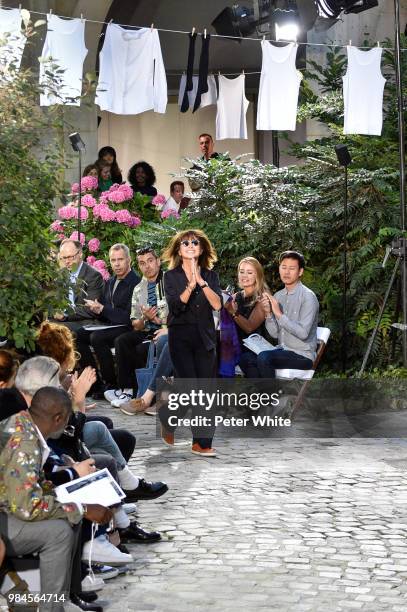 Fashion designer Veronique Nichanian walks the runway after the Hermes Menswear Spring/Summer 2019 show as part of Paris Fashion Week on June 23,...