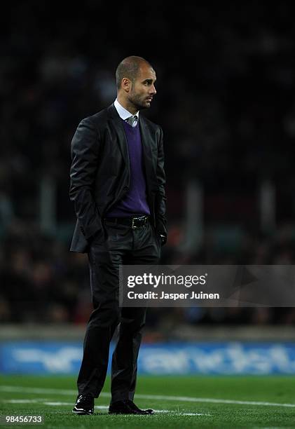 Head coach Josep Guardiola of FC Barcelona follows his players during the La Liga match between Barcelona and Deportivo La Coruna at the Camp Nou...