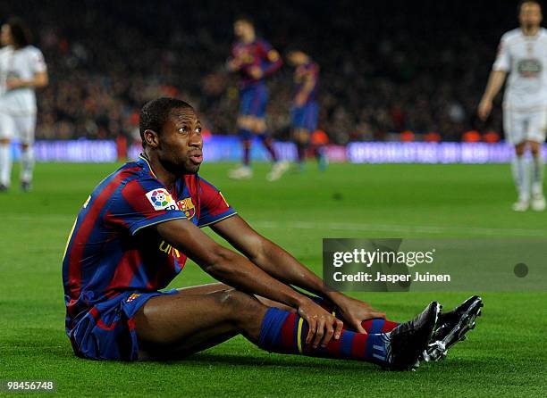 Seydou Keita of FC Barcelona reacts during the La Liga match between Barcelona and Deportivo La Coruna at the Camp Nou stadium on April 14, 2010 in...