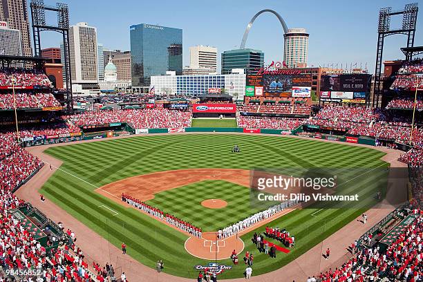 General view of Busch Stadium prior to the St. Louis Cardinals playing against the Houston Astros in the home opener at Busch Stadium on April 12,...