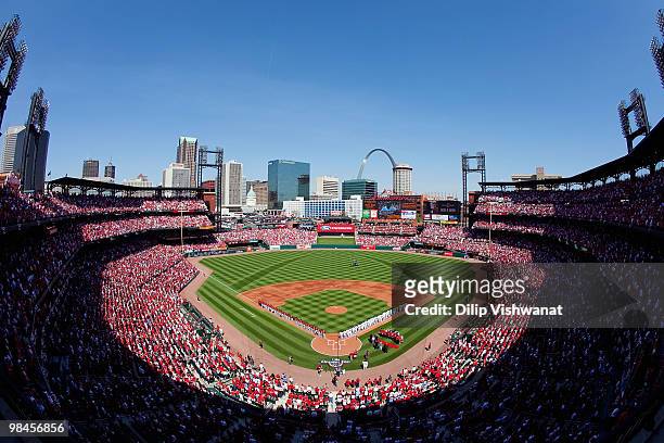 General view of Busch Stadium prior to the St. Louis Cardinals playing against the Houston Astros in the home opener at Busch Stadium on April 12,...