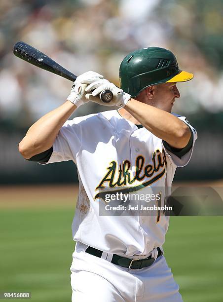 Mark Ellis of the Oakland Athletics bats against the Seattle Mariners during an MLB game at the Oakland-Alameda County Coliseum on April 8, 2010 in...