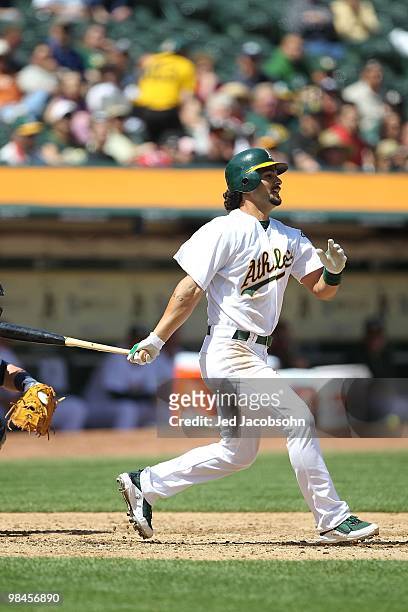Eric Chavez of the Oakland Athletics bats against the Seattle Mariners during an MLB game at the Oakland-Alameda County Coliseum on April 8, 2010 in...