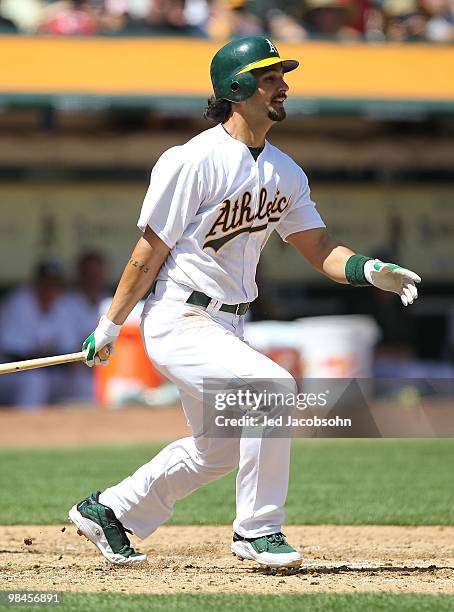 Eric Chavez of the Oakland Athletics bats against the Seattle Mariners during an MLB game at the Oakland-Alameda County Coliseum on April 8, 2010 in...