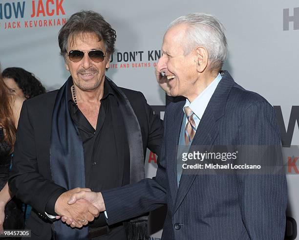 Actor Al Pacino and Dr. Jack Kevorkian attend the HBO Film's "You Don't Know Jack" premiere at Ziegfeld Theatre on April 14, 2010 in New York City.
