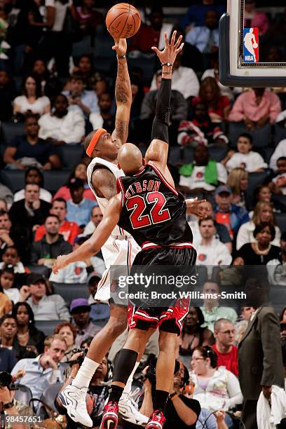Taj Gibson of the Chicago Bulls blocks against Tyrus Thomas of the Charlotte Bobcats on April 14, 2010 at the Time Warner Cable Arena in Charlotte,...