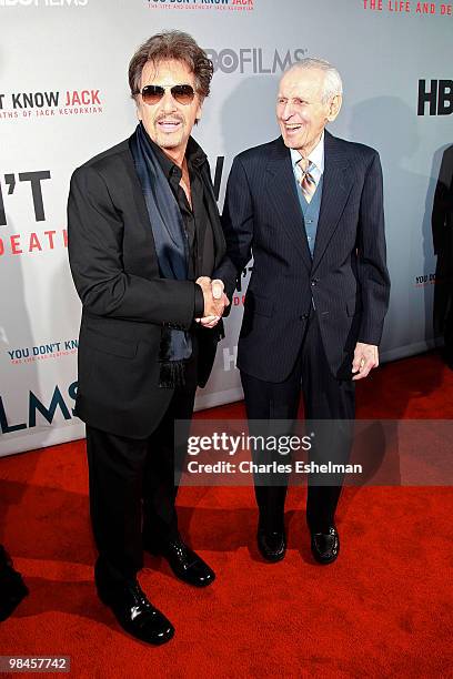 Actor Al Pacino and Dr. Jack Kevorkian attend the HBO Film's "You Don't Know Jack" premiere at Ziegfeld Theatre on April 14, 2010 in New York City.