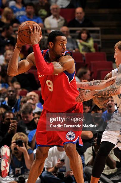 Andre Iguodala of the Philadelphia 76ers holds the ball against the Orlando Magic during the game on April 14, 2010 at Amway Arena in Orlando,...