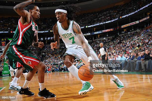 Marquis Daniels of the Boston Celtics drives to the basket against Brandon Jennings of the Milwaukee Bucks on April 14, 2010 at the TD Garden in...