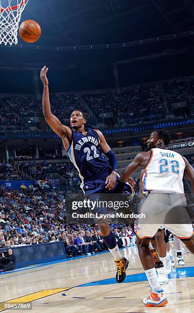 Rudy Gay of the Memphis Grizzlies shoots against Jeff Green of the Oklahoma City Thunder on April 14, 2010 at the Ford Center in Oklahoma City,...