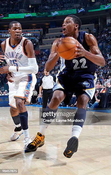 Rudy Gay of the Memphis Grizzlies fights to get past Kevin Durant of the Oklahoma City Thunder on April 14, 2010 at the Ford Center in Oklahoma City,...