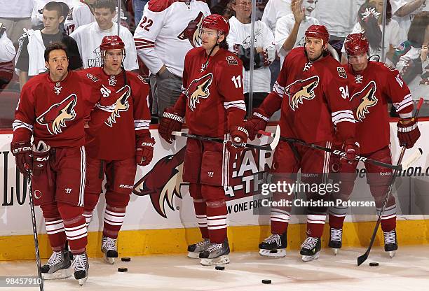 Vernon Fiddler, Matthew Lombardi, Martin Hanzal, Daniel Winnik and Petr Prucha of the Phoenix Coyotes warm up before Game One of the Western...