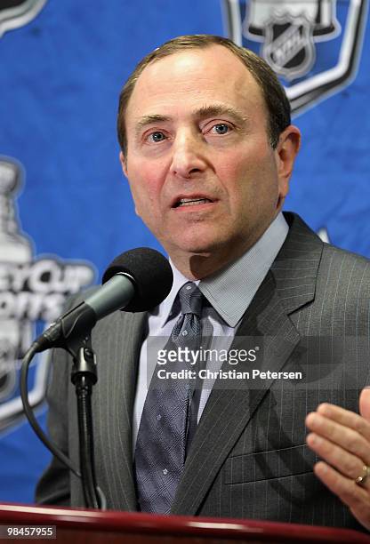 Commissioner Gary Bettman speaks during a press conference before Game One of the Western Conference Quarterfinals between the Detroit Red Wings and...
