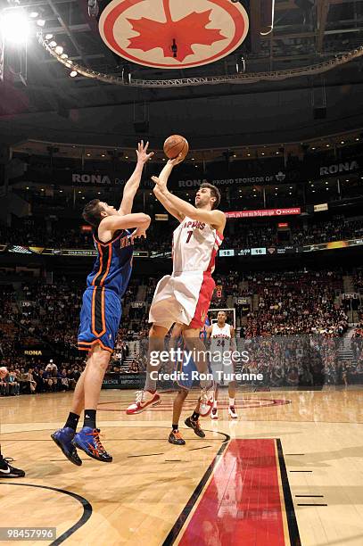 Andrea Bargnani of the Toronto Raptors tries the running jumper over Danilo Gallinari of the New York Knicks during a game on April 14, 2010 at the...