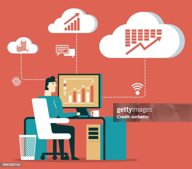 cloud computing - businessman - laptop netbook stock illustrations