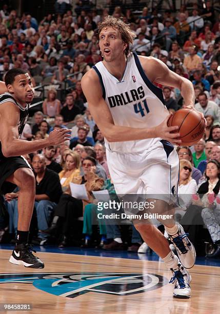 Dirk Nowitzki of the Dallas Mavericks drives against the San Antonio Spurs during a game at the American Airlines Center on April 14, 2010 in Dallas,...