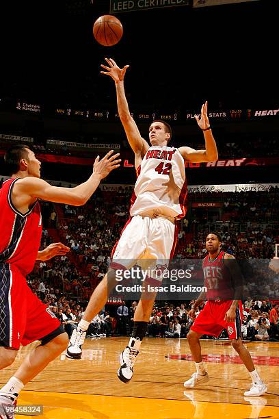 Shavlik Randolph of the Miami Heat shoots against the New Jersey Nets on April 14, 2010 at American Airlines Arena in Miami, Florida. NOTE TO USER:...