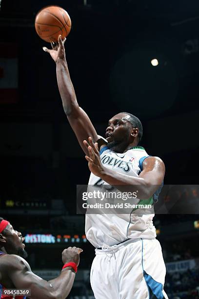 Al Jefferson of the Minnesota Timberwolves goes up for a shot against Ben Wallace of the Detroit Pistons during the game on April 14, 2010 at the...