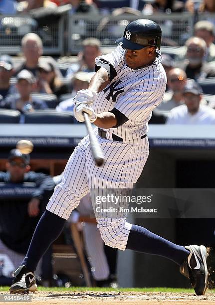 Curtis Granderson of the New York Yankees bats against the Los Angeles Angels of Anaheim on April 14, 2010 at Yankee Stadium in the Bronx borough of...
