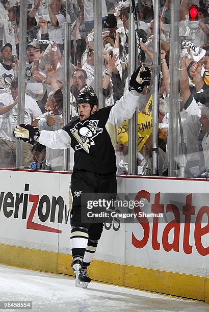 Craig Adams of the Pittsburgh Penguins celebrates his goal against the Ottawa Senators in Game One of the Eastern Conference Quaterfinals during the...